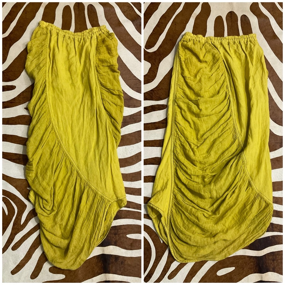 Rare Cynthia Ashby 100% Linen Chartreuse Ruched Cocoon Boho Skirt Large - Picture 2 of 4